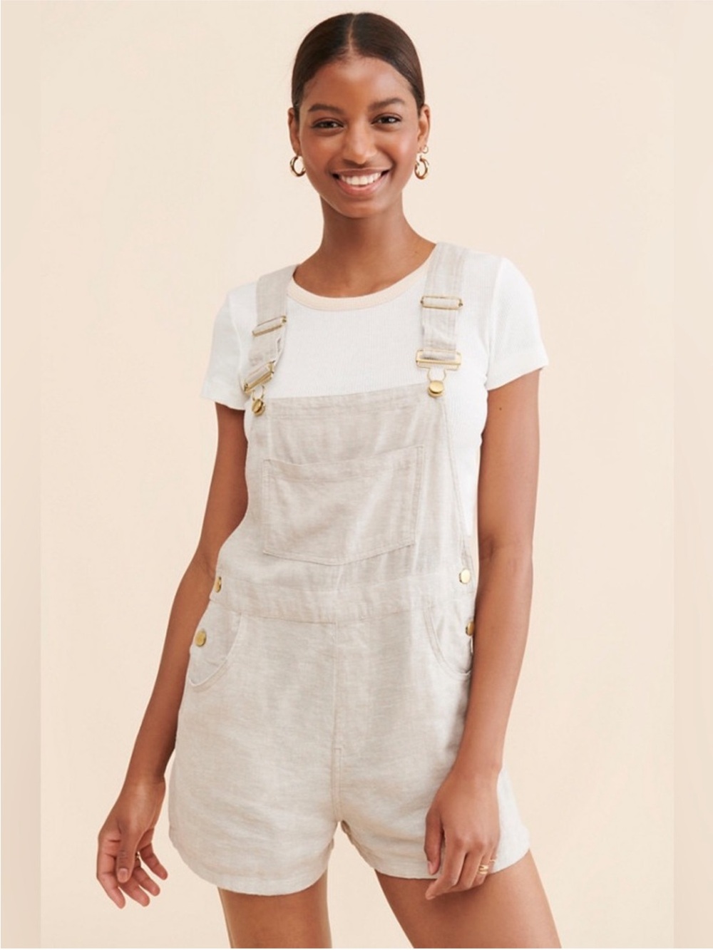 WeWoreWhat Light Beige Short Linen Overalls - Women Size Medium EUC - Picture 1 of 9